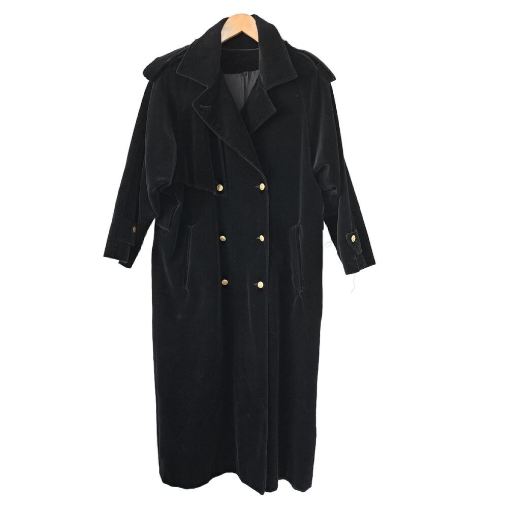 Vintage Carol Cohen Drizzle Black Velvet Double-breasted Trench Coat Sz 14 Long